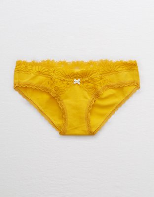 Cotton Essentials Lace-Trim Mid-Rise Thong Panty in Yellow