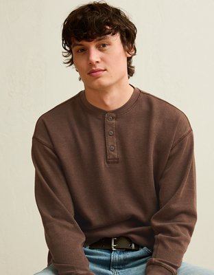 AE Boxy Fit Thermal Henley T-Shirt | American Eagle