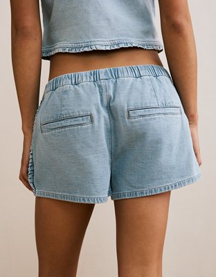 AE Stretch Low-Rise Ruffle Trim Chambray Short | American Eagle