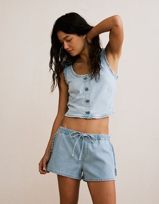 AE Stretch Low-Rise Ruffle Trim Chambray Short