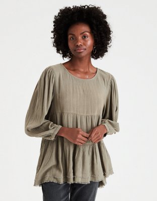 Waffle Knit Long Sleeve Babydoll Top