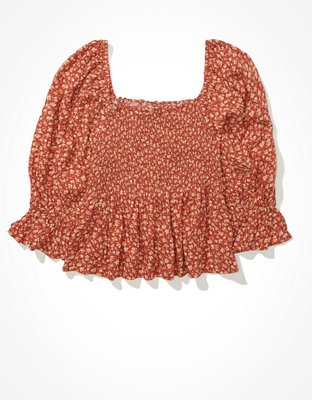 AE Smocked Square Neck Babydoll Top