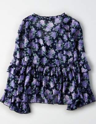 AE Bell Sleeve Printed Ruffle Chiffon Top