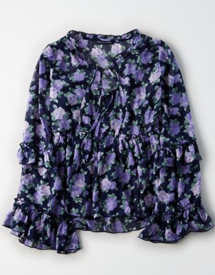AE Bell Sleeve Printed Ruffle Chiffon Top