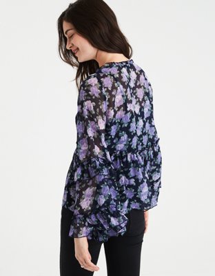 AE Bell Sleeve Printed Ruffle Chiffon Top