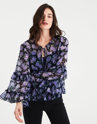 AE Bell Sleeve Printed Ruffle Chiffon Top