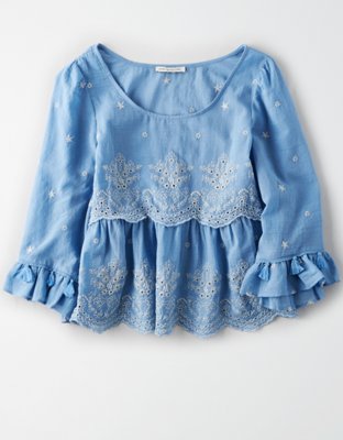 AE Embroidered Bell Sleeve Top