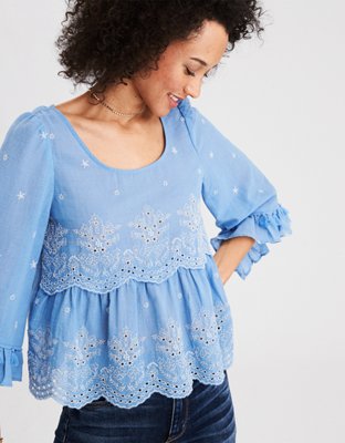 AE Embroidered Bell Sleeve Top