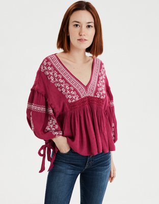 AE Long Sleeve Embroidered Bohemian Blouse