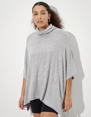 Plush Cowl Neck Poncho in Gray