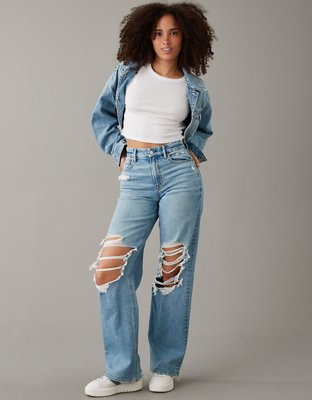 Women Mom Jeans Retro Ripped Pants High Waisted Loose Straight