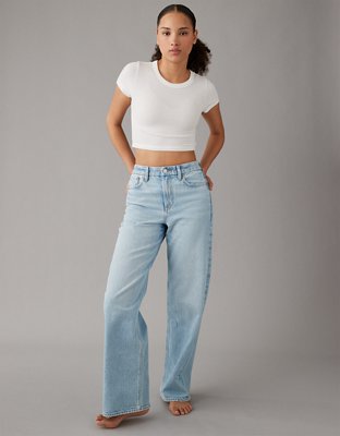 AE Super High-Waisted Baggy Wide-Leg Cuffed Ripped Jean