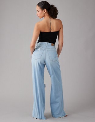 AE Dreamy Drape Stretch Curvy Super High-Waisted Ripped Baggy Wide-Leg Jean