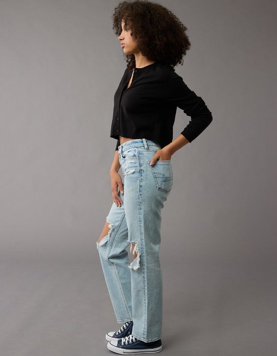 AE Stretch Curvy High-Waisted Ripped Straight Jean