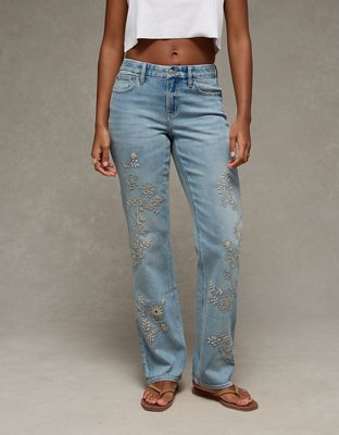 Женские джинсы American Eagle AE Curvy High-Waisted Embroidered Straight, цвет: Светлая варка — фото 4