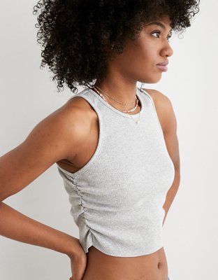 High-Neck White Ribbed Cropped Tank Top