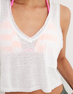 Aerie Top sin Mangas Escote V de Lino Fresco con Bolsillo