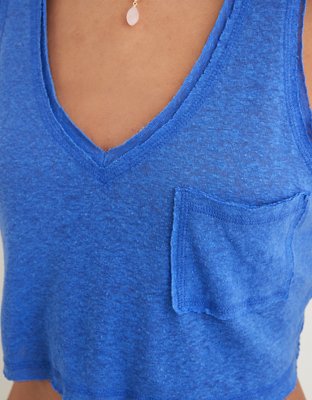 Aerie Top sin Mangas Escote V de Lino Fresco con Bolsillo