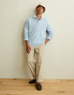 Мужское поло American Eagle AE Standard Fit Long-Sleeve Pique Polo, цвет: Синий — фото 4