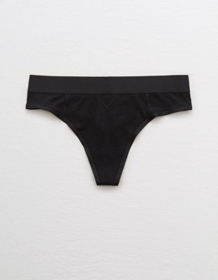 High Waisted Ribbed Cotton Thong - Black