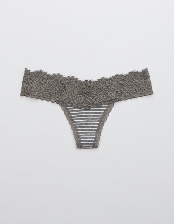 Aerie Cotton Eyelash Lace Striped Thong Underwear