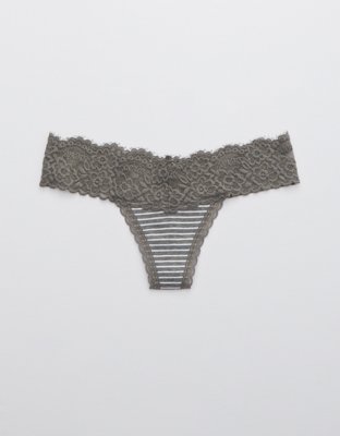 Aerie Cotton Eyelash Lace Striped Thong Underwear