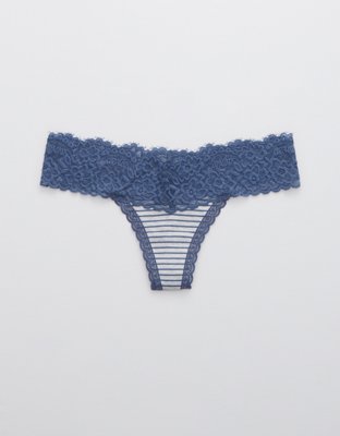 Aerie Cotton Eyelash Lace Striped Thong Underwear