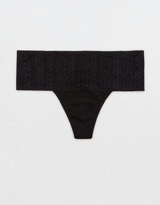 Modal and Lace Trim Thong Panty - Black