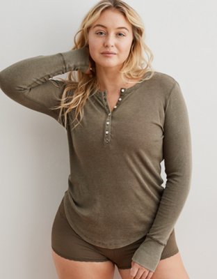 Aerie Ribbed Henley Long Sleeve T Shirt