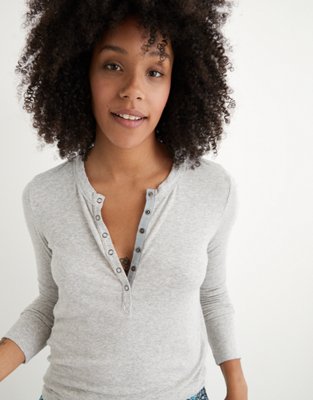 Aerie Ribbed Henley Long Sleeve T Shirt