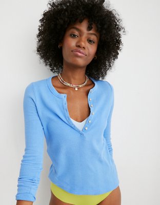Женские футболки Aerie Waffle Rib Long Sleeve Henley T-Shirt — фото 3