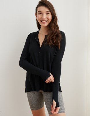 Aerie Ribbed Oversized Henley Long Sleeve TShirt