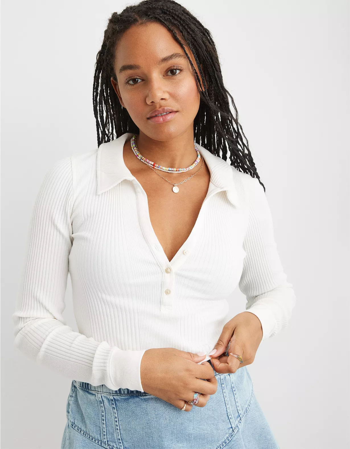 Aerie Long Sleeve Cropped Polo T-Shirt