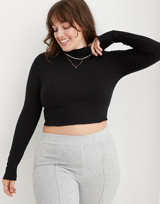 Black Crop Top - Mock Neck Crop Top - Long Sleeve Crop Top