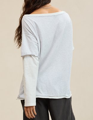 Aerie Cozy Oversized Layered Off-The-Shoulder Boyfriend T-Shirt