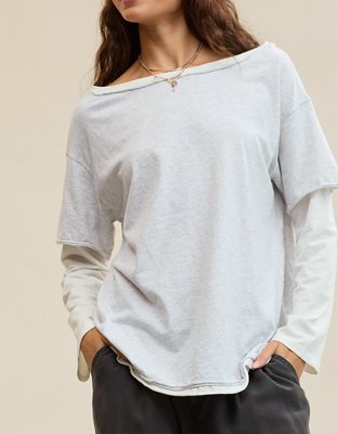 Женская футболка Aerie Cozy Oversized Layered Off-The-Shoulder Boyfriend, цвет: Светлый меланжевый серый — фото 4