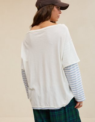 Aerie Cozy Oversized Layered Off-The-Shoulder Boyfriend T-Shirt