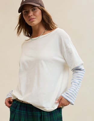 Aerie Cozy Oversized Layered Off-The-Shoulder Boyfriend T-Shirt