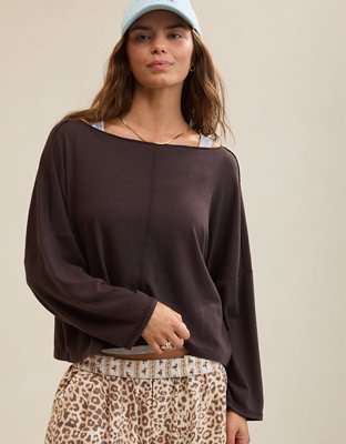Женская футболка Aerie Happy Snit Off-The-Shoulder, цвет: Глубокий земляной — фото 4