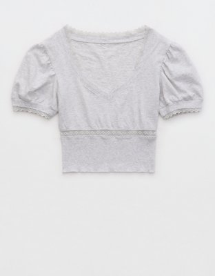 Aerie Cropped Lace Trim V-Neck T-Shirt