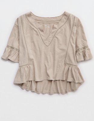 Aerie Flowy Cropped Notch Neck T-Shirt