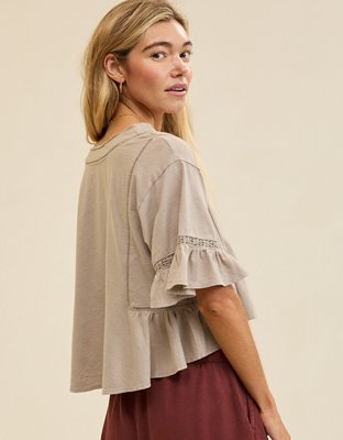 Aerie Flowy Cropped Notch Neck T-Shirt