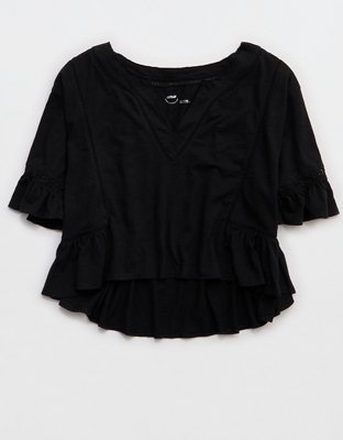 Aerie Flowy Cropped Notch Neck T-Shirt