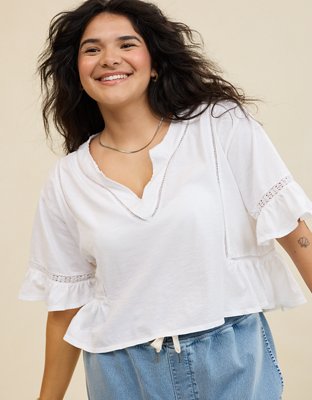 Aerie Flowy Cropped Notch Neck T-Shirt