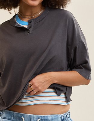 Aerie Remix Henley Cropped T-Shirt