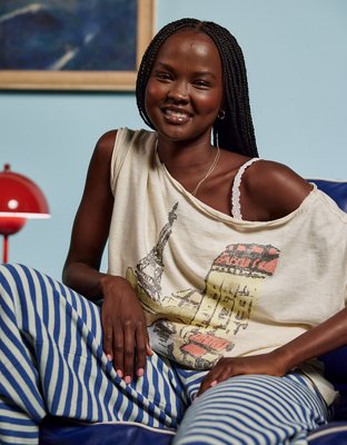 Женская футболка Aerie Off The Shoulder Oversized Boyfriend, цвет: Меланжевый морозный — фото 1