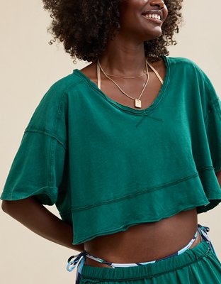 Aerie Happiest Cropped V Neck T-Shirt