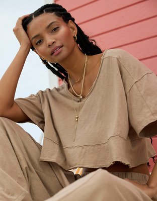 Aerie Happiest Cropped V Neck T-Shirt