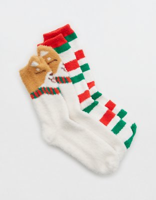 Aerie Fuzzy Holiday Crew Socks 2-Pack