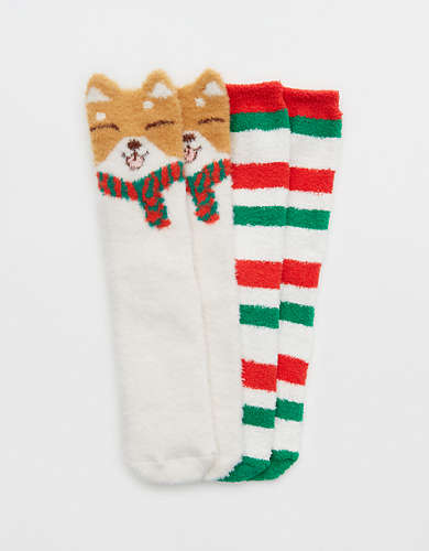 Aerie Fuzzy Holiday Crew Socks 2-Pack